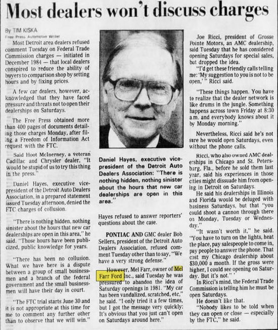 Mel Farr Ford (Northland Ford) - May 1986 Article On Dealer Operating Hours And Price-Fixing